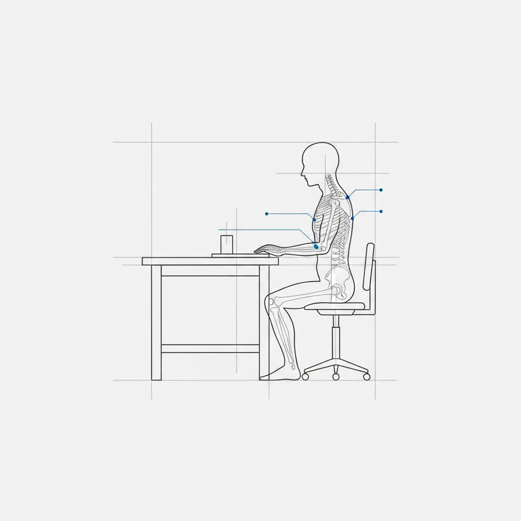 Plan technique annoté d'un poste de travail industriel, montrant les zones de contrainte au dos, aux épaules et aux poignets identifiées lors d'un audit ergonomique